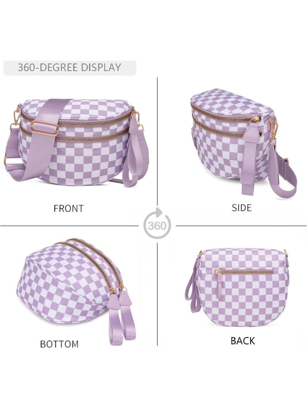 Women's Purple Spacious Checkered Double-Zipper Compartments Crossbody Bags - Picture 6 of 6